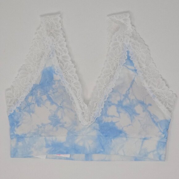 PINK Victoria's Secret Seamless Blue and White Tie Dye Lace Trim Plunge Bralette - Picture 2 of 12